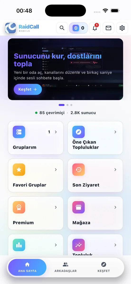 RaidCall mobil ana sayfası