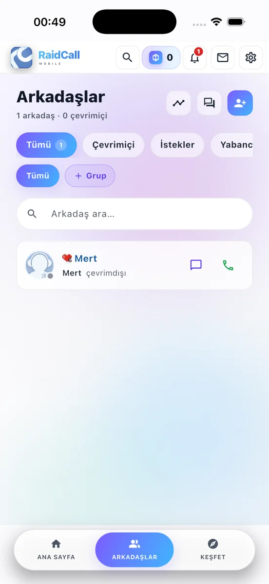 RaidCall mobil uygulamasında arkadaş listesi