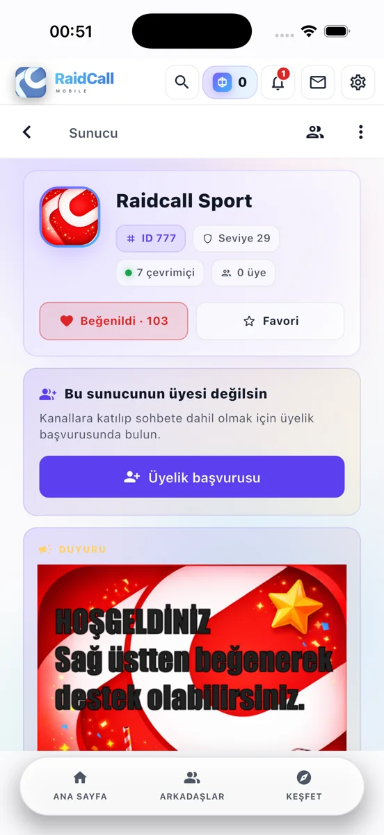 RaidCall mobil uygulamasında sunucu ekranı