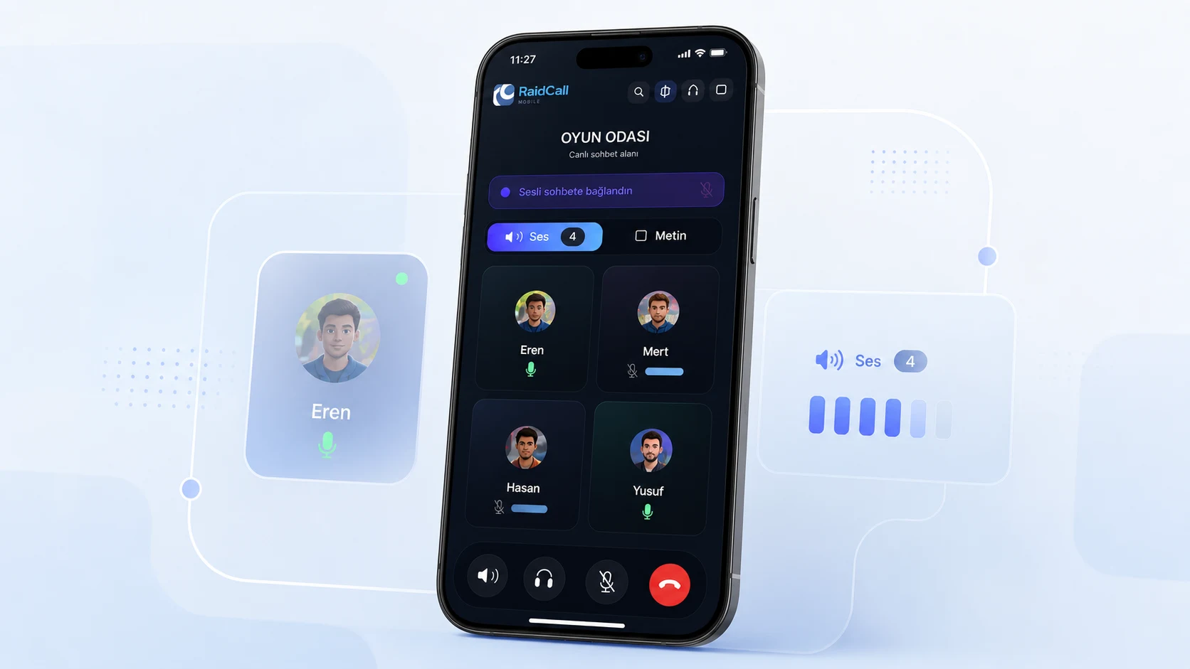 RaidCall mobil uygulamasında aktif oyun ses odası ve katılımcı ses durumları